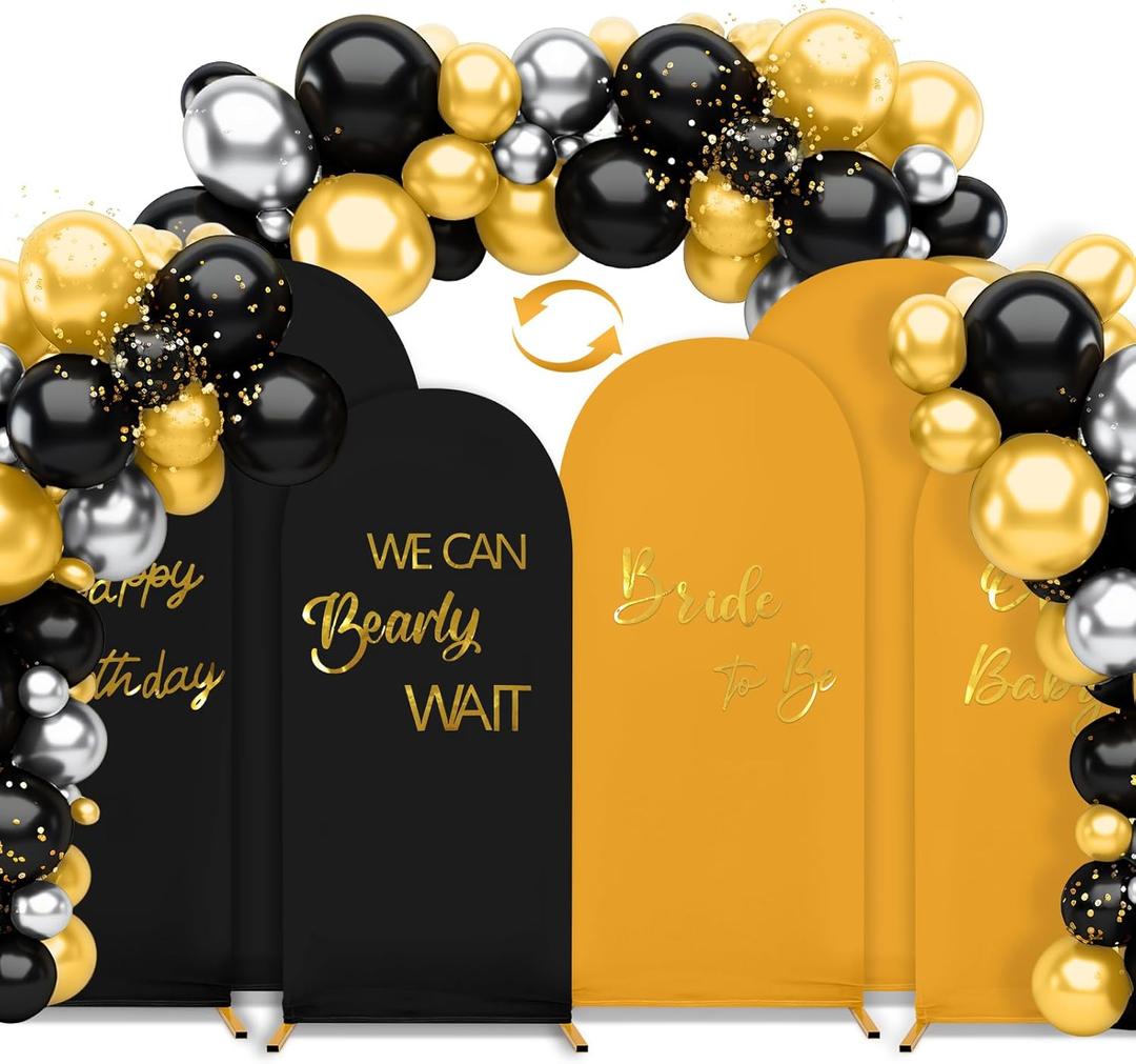 Double Color Wedding Arch Cover Set of 3 7.2ft 6.6ft 6ft Spandex Fitted Arch Stand Covers with Balloons Party Sign Round Top Backdrop Cover for Wedding Birthday Party Bridal Baby Shower (Black+Gold)