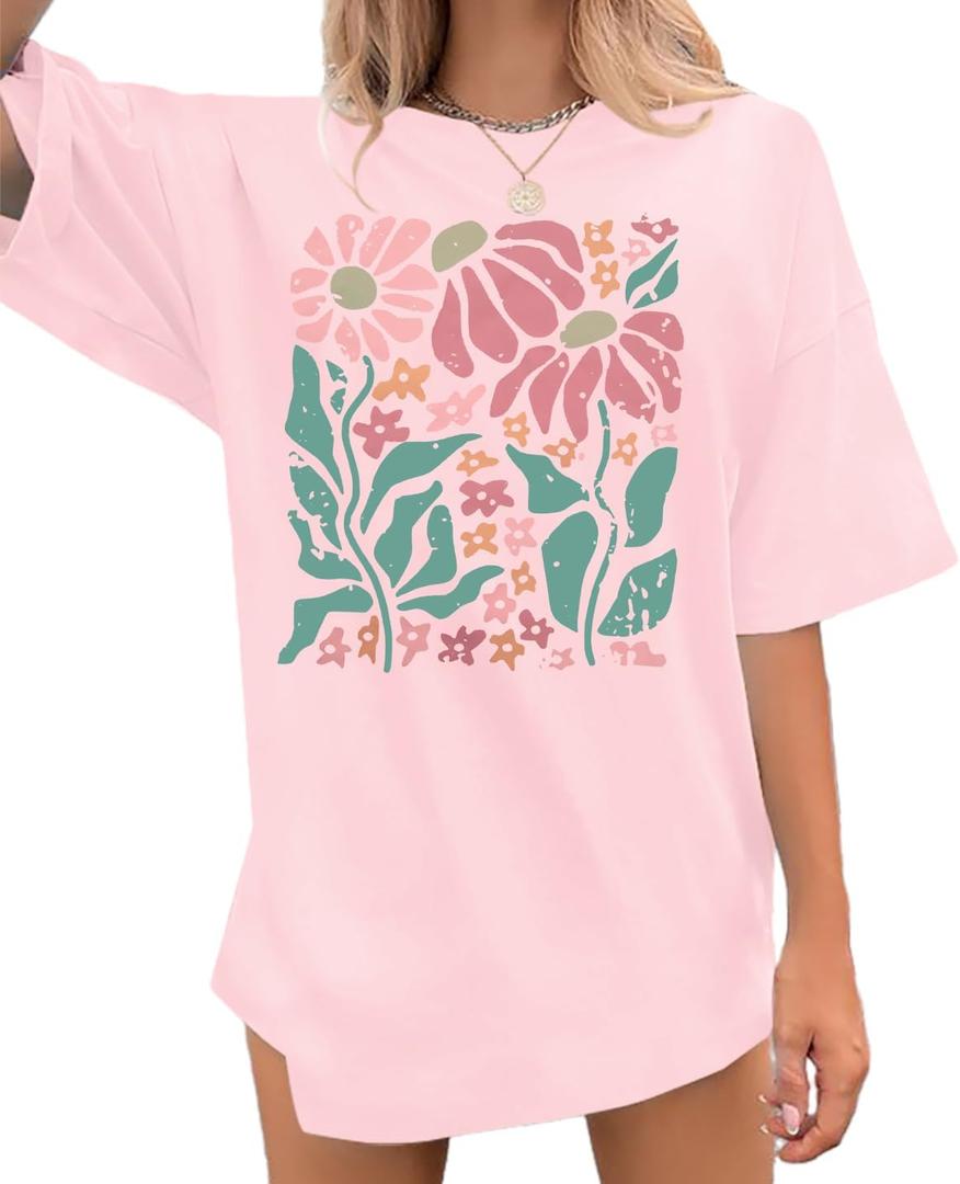 Boho Oversized Shirt Women Vintage Floral Shirts Daisy Flower Tshirt Wildflower Graphic Tees Casual Loose Tops (Pink, L)