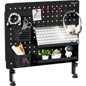 Clamp-on Desk Pegboard, Desk Organizer for Office Gaming Home, Magnetic Metal Peg Board with 15 Accessories, Privacy Panel for Office, 20.4" x 16.5", Large, Black