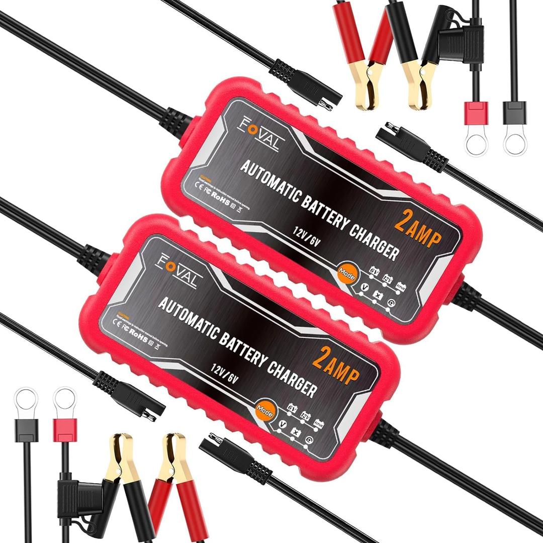 [2-Pack] FOVAL 2-Amp Car Battery Charger, 6V and 12V Portable Automatic Smart Charger, Battery Maintainer, Trickle Charger and Battery Desulfator for Car Lawn Mower Motorcycle Boat Lead Acid Batteries