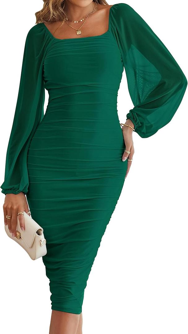 MEROKEETY Women's Long Sleeve Wedding Guest Formal Dress Fall Winter Ruched Bodycon Mesh Cocktail Party Midi Dresses (Medium, Dark Green)