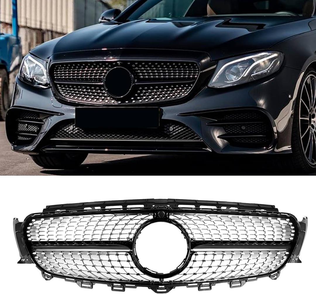 Front Grill Grille for W213 Mercedes Benz W213 E250 E350 E400 2017-2020 Sivler Diamond Front Bumper Grill Direct Fit Replacement ABS Plastic No Modification Required