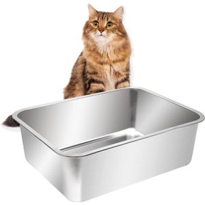 Kichwit Extra Large Stainless Steel Open Cat Litter Box with High Sides, Metal Litter Pan for Cat, 23.6 x 15.7 x 5.9 Inches