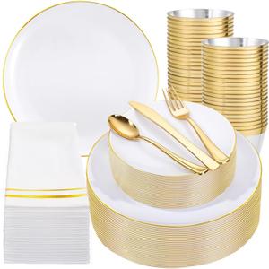 Festiva 350Pcs Gold Plastic Plates - White and Gold Dinnerware Set Disposable include 10" & 7" Plates,Cups,Silverware,Napkins -serve 50 Guests Perfect for Wedding& Easter&Birthday Party