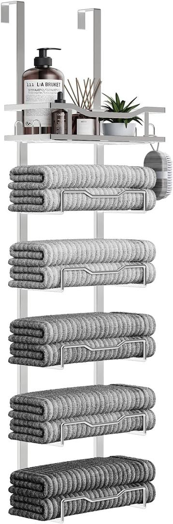 Aetyord Hanging Towel Racks for Bathroom No Drill - Over The Door 6-Tier Bath Towel Storage Organizer for Small Bathrooms-Back Door Large Tiered Towel Holder Hanger for Rolled Towels RV Camper Silver
