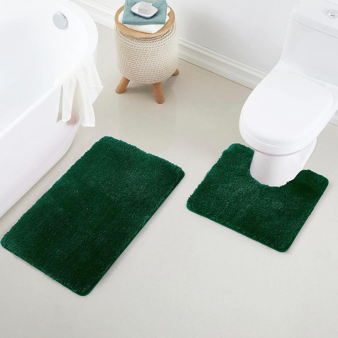 Bathroom Rug Set 2Piece, Thick &Soft Microfiber Shaggy, U Shaped Contour, Machine Washable Bath Mats, Absorbent Bath Rugs, Non-Slip Rubber Backing Bath Mat for Bathroom Floor, Tub and Shower,Green
