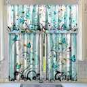 Breling 3 Pcs Teal Daisy Kitchen Curtains Valances and Tiers Set for Windows Spring Daisy Garden Flying Butterflies Boots Blue Decor Short Curtain Set for Bedroom Window Turquoise Decor Party Supplies
