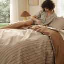 Bedsure Striped Duvet Cover Queen Size, 100% Washed Cotton Pure Woven Duvet Cover Linen Like Textured, Classic Striped Pattern Enhances Bedroom Comfort and Style, Stripes Camel/Brown, 90"x90"