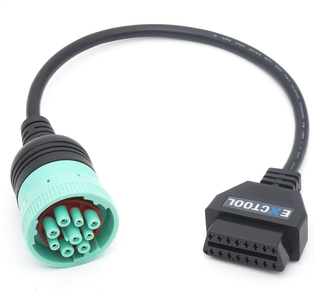 9 Pin J1939 to 16 Pin OBD2 Adapter Cable for Heavy Duty Trucks and Commercial Vehicles with Green Type 2 J1939 Diagnostic Connector