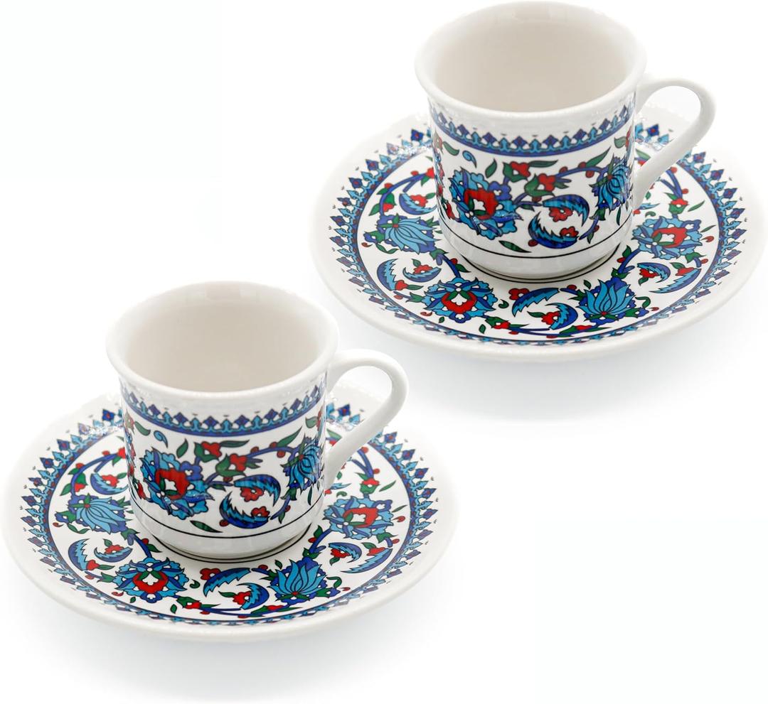 Turkish Coffee Cups Set of 2 with Saucers and Cup Holder, Ceramic Espresso Cups, Perfect for Serving Arabic Coffee White & Blue Pattern