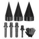 M METERXITY 3-Pack Wood Splitter Drill Bit 38mm + 45mm + 50mm + 4 Handles (Square+Round+Hex Shank+Small Hex) Firewood Log Splitter Drill Bit with Gloves for Outdoor/Stove/Farm[Black+Grey], Missing Pieces & Gloves