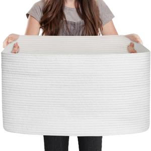 Extra Large White Storage Basket, 23.6" x 17" x 12" Rectangle Blanket Storage for Living Room, White Woven Cotton Rope Basket, Big Kids Toy Box Bin, XXXL Wicker Laundry Baskets for Organizing