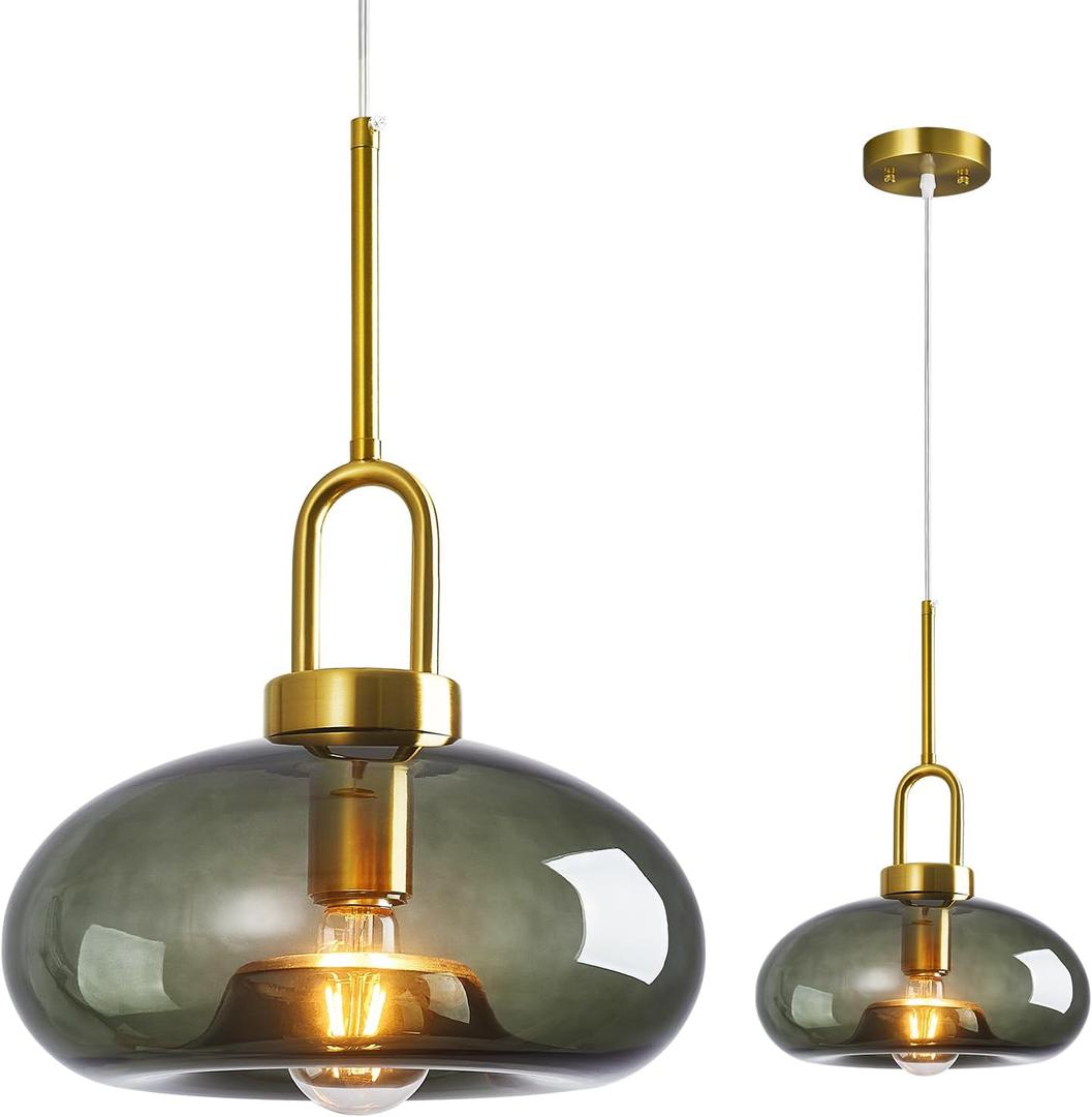 Gray Green Glass Pendant Lights Kitchen Island Gold Pendant Light Fixtures Adjustable Height Modern Pendant Lighting for Bedroom Dining Room (1-Pack)