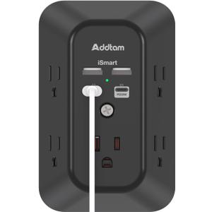 Addtam 5-Outlet Extender Surge Protector, Multi Plug Wall Outlet with 4 USB Wall Charger(PD 30W), Plug Extension Outlet 1800J, Outlet Splitter Power Strip for Home Office Dorm Room Essentials, Black