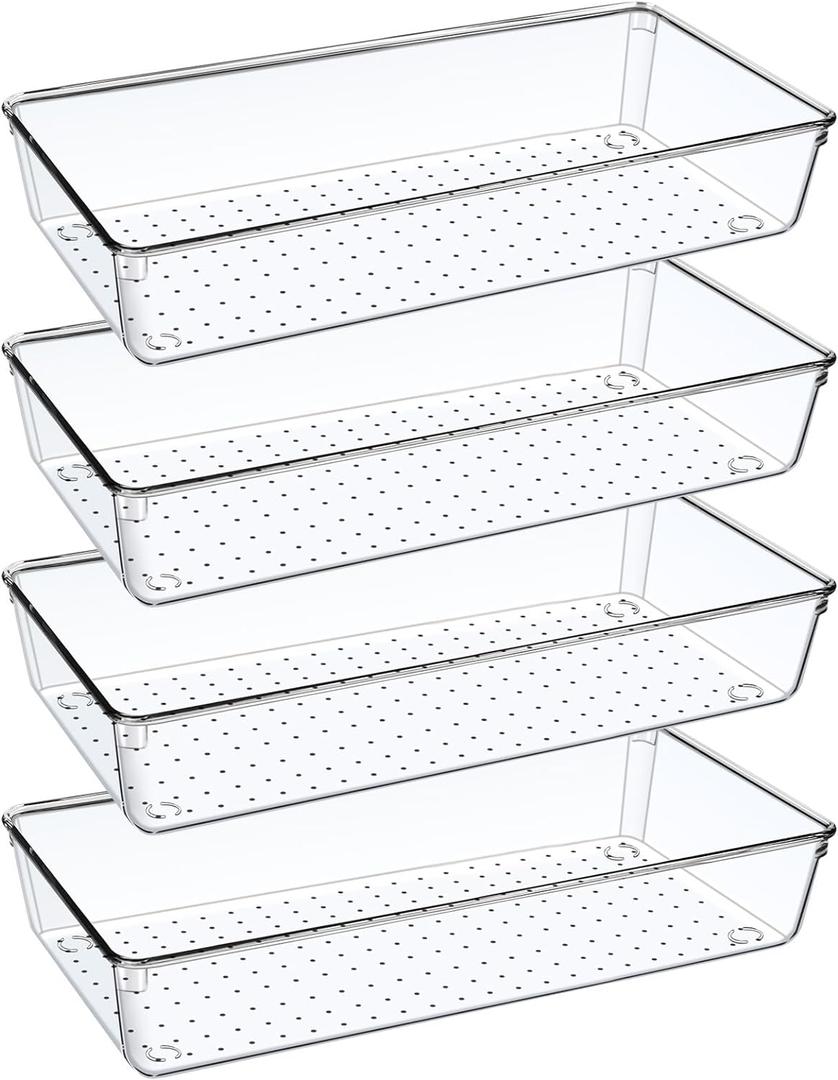 4PCS Clear Plastic Drawer Organizer Tray, 12'' Large Acrylic Vanity Bathroom Drawer Organizers Trays, Desk Drawer Organizer Bins for Cosmetics, Makeup, Kitchen, Office, Junk Drawer Organization
