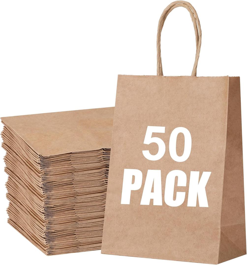 STOBOCTER 50Pcs Paper Gift Bags, 5.9"x3.15"x8.25" Gift Wrap Bags with Handles, Brown Kraft Paper Bags for Small Business, Paper Bags Bulk for Birthday Party Favors, Shopping, Grocery, Retail, Craft