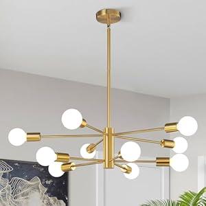 KAISITE Modern Chandelier Ceiling Light Fixture Sputnik Chandelier 12-Light Gold Chandelier for Dining Room Over Table Height Adjustable Lighting Fixture Ceiling Hanging for Kitchen Living Room