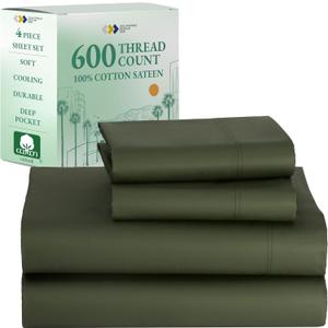 California Design Den 100% Cotton Queen Size Set - Luxury 600 Thread Count Sateen Weave Cooling Cotton Sheets with Deep Pockets, Hotel-Quality Bedding - Olive Green