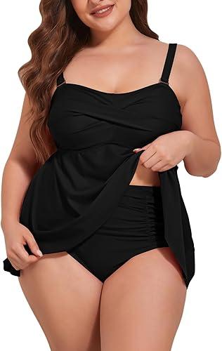 Kisscynest Women Plus Size Tankini Swimsuits Two Piece Flowy Swimdress Tummy Control Bathing Suit XL-4XL  (2XL, Black)