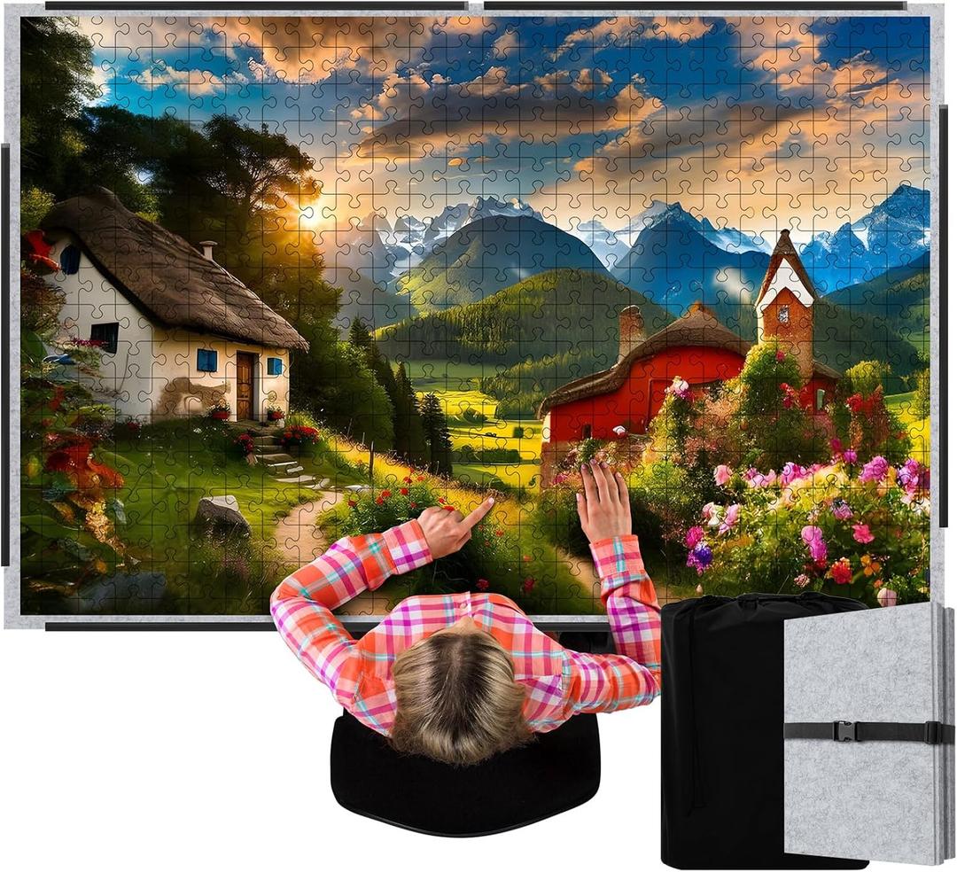 Fanfanwin 3000 Pieces Folding Felt Jigsaw Puzzle Foldable Board Mat with Non Slip Surface Puzzle Mat 55" x 37" Extra Large Portable Jigsaw Board with Storage Bag for Adults Tray (Light Gray)