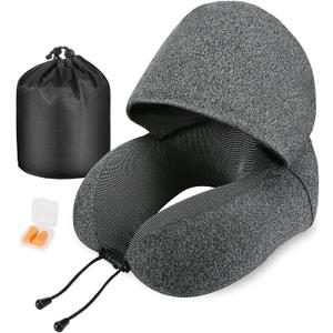 Neck Pillow for Travel, Memory Foam Travel Pillow with Hood, Adult Airplane Pillow for Head Rest Neck Support, Portable Pillow for Office Cars Trains Long Flights Sleeping (Deep Grey)