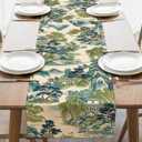 Chinoiserie Vintage Style Mountain Dining Table Runner, Landscape Painting Art Burlap Kitchen Decoration, Retro House Trees Indoor Outdoor Home Decor Party Supply 13x90 Inches