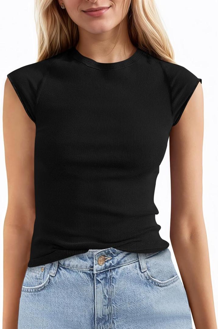 Tankaneo Womens Cap Sleeve Tops Crew Neck Ribbed Knit T Shirt Summer Casual Slim Fit Basic Tees Tshirt (Black, S)