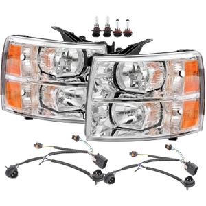 APSVE Headlights Assembly with Bulb & Wiring Harness compatible with 2007-2013 Chevy Silverado 1500, 07-14 Silverado 2500 3500 &HD Models, Pair Headlamp Replacement + Wiring Harness+Bulbs