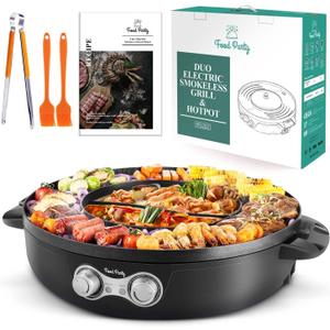 Food Party DUO Electric Smokeless Grill and Hot Pot, With Separable Cooking Plate, Deluxe Combo of 1 Recipe Book, 1 Tong, 1 Oil Brush, 1 Pack of Parchment Paper, for Hotpot KBBQ, Barbecue & Grill