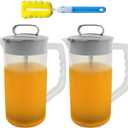 2 Pack Mixing Pitcher for Drink, 2 Quart/ 64oz Plastic Water Pitcher with Lid and Clean Sponge Brush, Angled Plastic Blades and Adjustable Mixer Plunger for Juice, Milk, Beverage Container