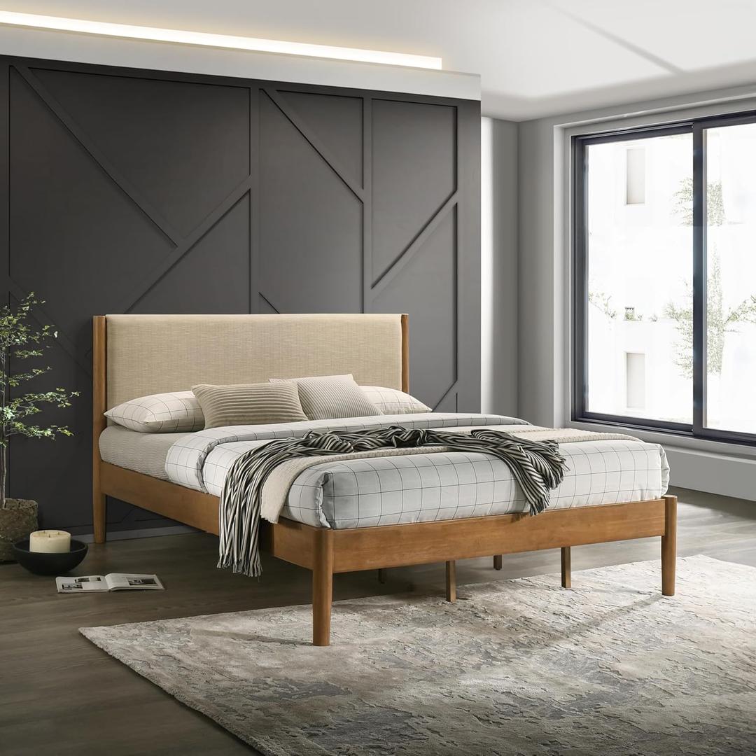 Roundhill Furniture Vichy Rubberwood Platform Bed in Light Walnut, King (Textured Polyester)