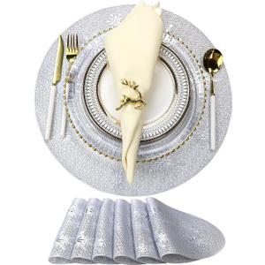 Round Silver Christmas Placemats for Dining Table Mats Set of 6 Wipeable Snowflake Placemats for Kitchen Table Plastic Soft PVC Place mats Durable Heat Resistant Non-slip Washable Table Mats 15"