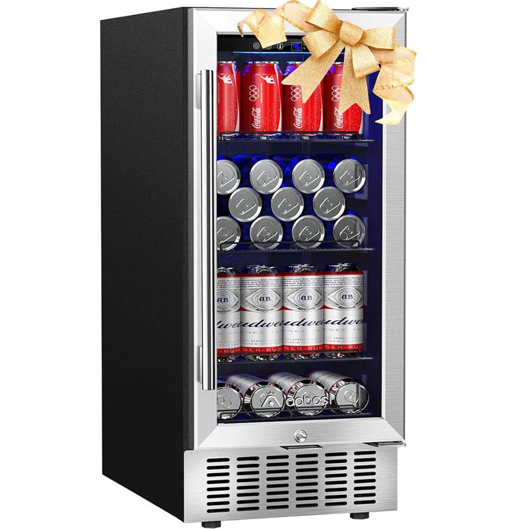 AAOBOSI 15 Inch Beverage Refrigerator, Under Counter Beverage Cooler with Glass Door, 110 Cans Small Drink Fridge Built-in or Freestanding, Low Noise, Digital Control Panel, Adjustable Shelves