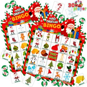 JOYIN 30 Players Christmas Bingo Cards, Xmas Bingo Game for Kids Family Activities, Holiday Winter Bingo Cards for Party Card Games, School Classroom Indoor Party Games