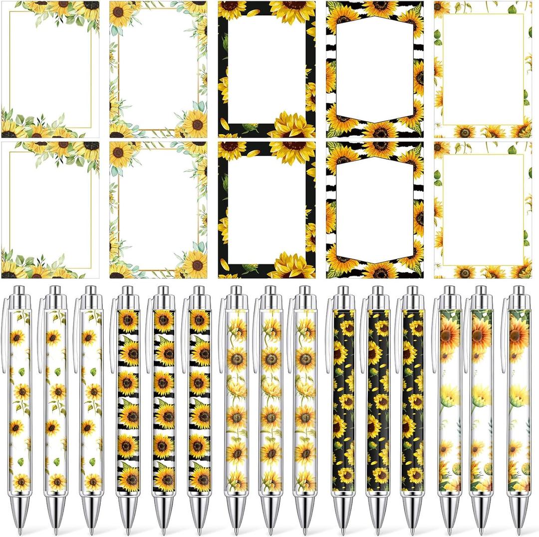 Fuutreo 30 Pcs Sunflower Notepads with Pens Sunflower Sticky Notes Flower Ballpoint Pens for Teacher Gifts Flower Favors Office Supplies