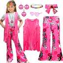 8 Pcs Girls Kids 60s 70s Hippie Costume Disco Outfits Fringe Vest Boho Bell Bottoms Hippie Outfits Accessories Set, Pink (Large,9-10 Years)