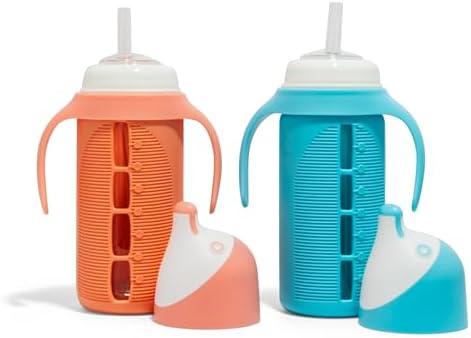 Set of 2 - Glass Sippy Cup for Toddlers - The Luca | Spill-Proof | Silicone Straw | Blue & Orange | 8 oz | Liquids Never Touch Plastic | Removable Handles… (Blue)