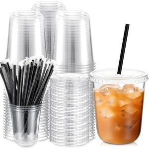 Ziliny 100 Set Clear Plastic Cups with Lids and Straws, Disposable Iced Coffee PET Cups for Drinking Cold Beverage Juice Parfait Smoothie Milkshake Coffee Shops Party Supplies (14 oz)