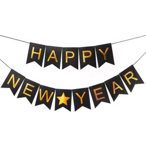 Happy New Years Decorations Banner 2026, Black Gold Nye New Years Eve Party Supplies for NYE Decorations Photo Props for Home Wall Fireplace Mantel Fireplace