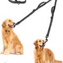 PetBonus Double Dog Leash, No Tangle Dual Leash, Reflective Walking Training Lead, 4 Comfortable Padded Handles for 2 Dogs with Collapsible Bowl and Waste Bags (Black, Large)