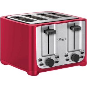 BELLA 4 Slice Toaster with Auto Shut Off - Extra Wide Slots & Removable Crumb Tray and Cancel, Defrost & Reheat Function - Toast Bread & Bagel, Stainless Steel and Red 