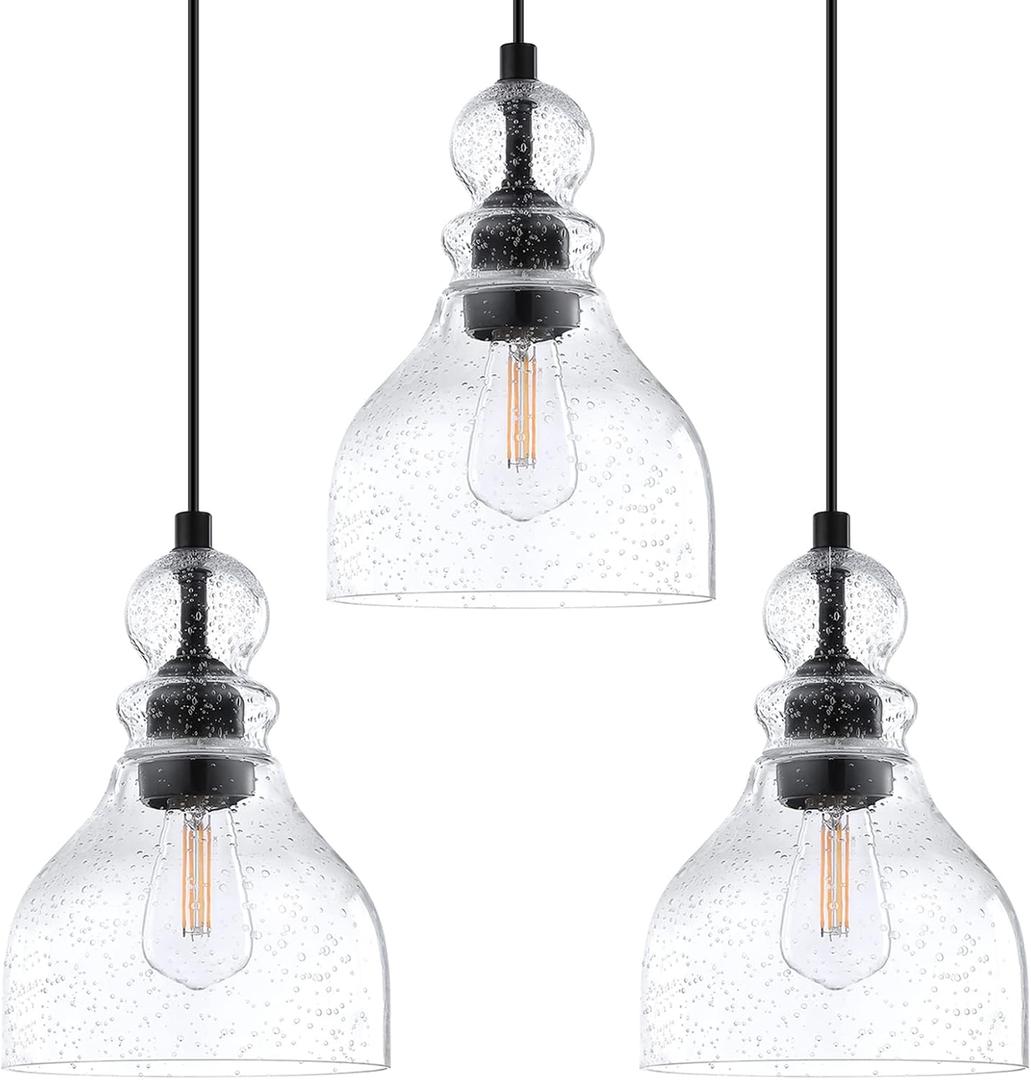 3 Pack 1 Light Hanging Indoor Kitchen Island Pendant Light 6.5" Clear Seeded Glass Pendant Ceiling Light Fixtures Black Finish Modern Farmhouse Dinning Over Sink