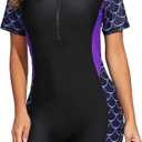 Halcurt Women's Boyleg One Piece Rash Guard with Built in Bra Zip Front UPF50+ Short Sleeve Full Body Surfing Swimsuit, Size S (Mermaid Purple)
