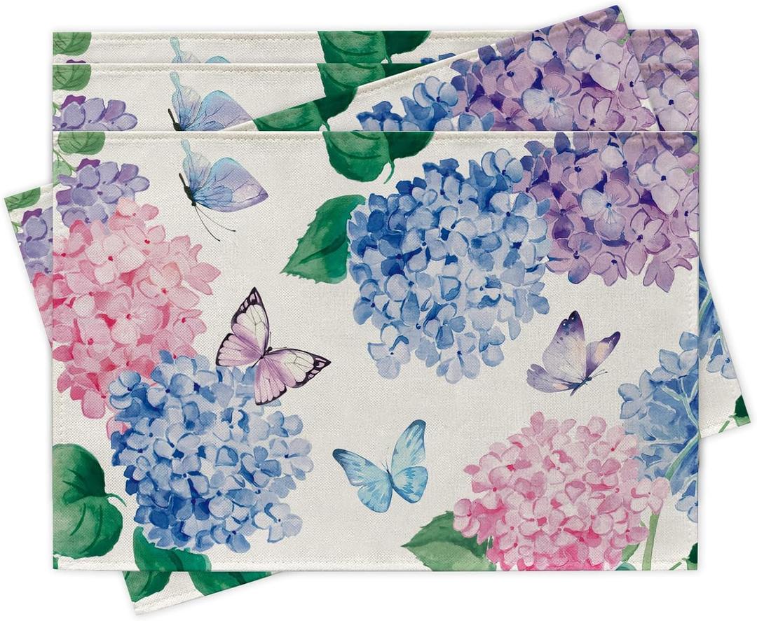 Spring Summer Hydrangea Placemats Set of 4, Pink Blue Purple Flower Butterfly Dining Place Mats Table Decor, Seasonal Floral Home Kitchen Decoration 12 x 18 Inch