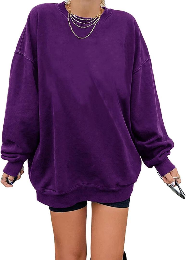 Ebifin Women's Oversized Long Sleeve Sweatshirts Pure Color Round Neck Casual Pullover Shirt (Large, Violet)