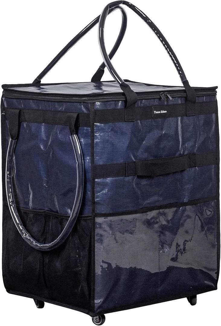 Reusable Grocery Bag On Wheels Large Capacity Shopping Trolley Foldable Rolling Tote with Outside Pocket, Heavy Duty Handle (Blue, Large)