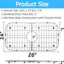 26" x 14" Sink Grid for Kitchen Sink – Detachable Stainless Steel Bottom Protector, Center Drain, Dishwasher Safe, Heavy Duty Sink Rack for Single Bowl, Scratch Prevention & Dish Drying
