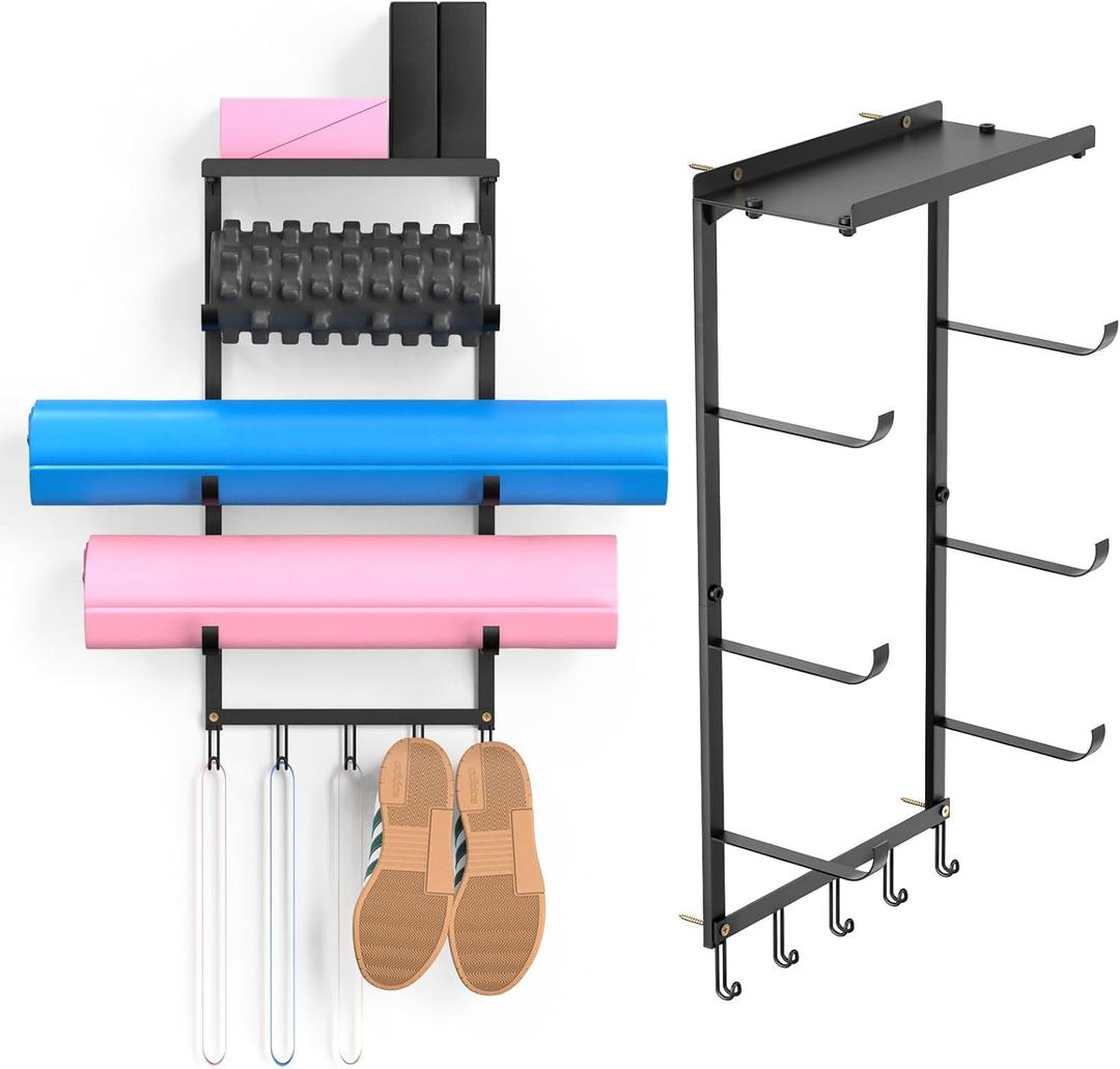 Wall-Mounted Yoga Mat Organizer Lightweight Iron Space-Saving Storage Rack with 3-Tiers for Yoga Mats, Foam Rollers, 5 Hooks for Resistance Bands & Accessories, Ideal for Beginners Black