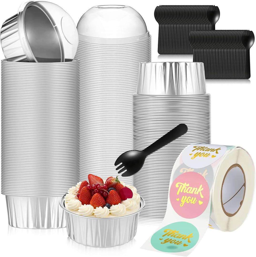 Vesici 300 Set Cupcake Liners with Dome Lids 4.2 oz Mini Aluminum Foil Baking Cups Muffin Tin with Spoons and 1.5 Inch 4-color Rose Gold Stickers for Individual Bakery Wedding Birthday Party Catering