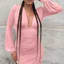 GOBLES Women's Sexy Long Sleeve Deep V Neck Ruched Bodycon Cocktail Party Midi Dress (Pink, M)